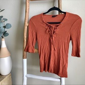 Topshop Ribbed Knit Lace Up Top in Rust